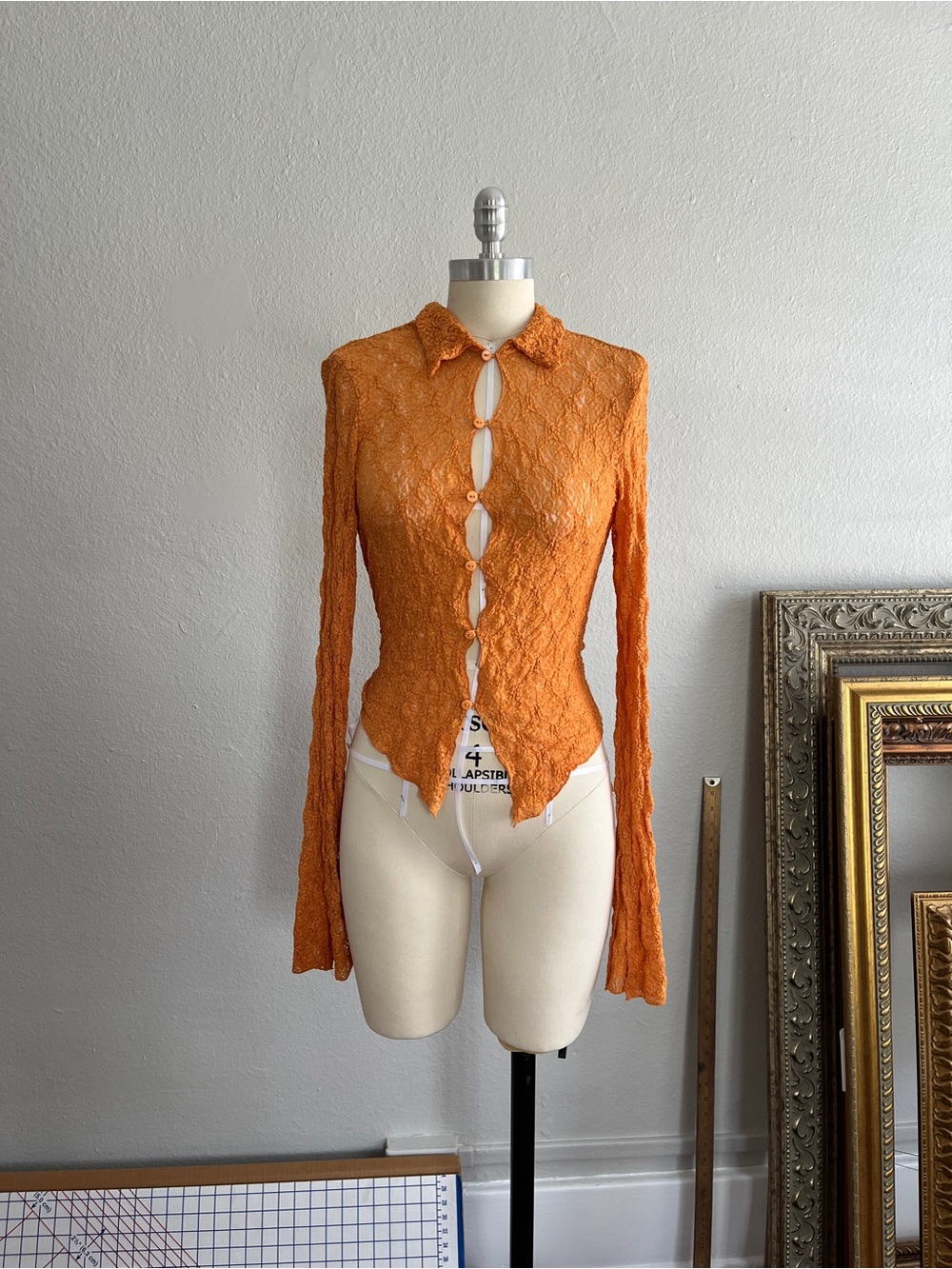 BDG Orange Lace Keyhole Button-Up Blouse